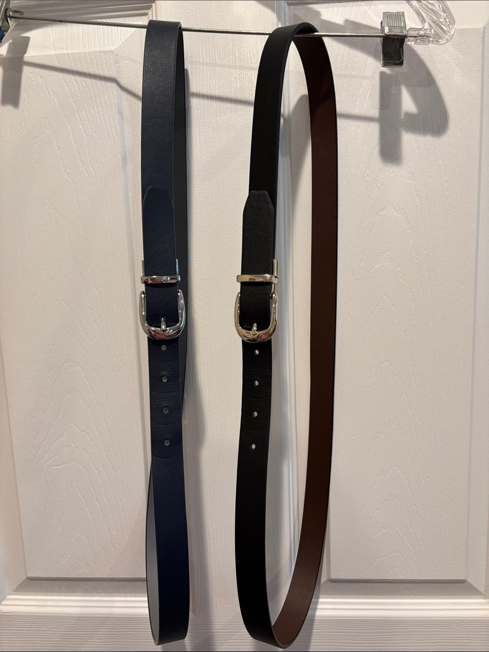 Womens Classic Leather Belt - Black and Navy reversible to Brown and grey.